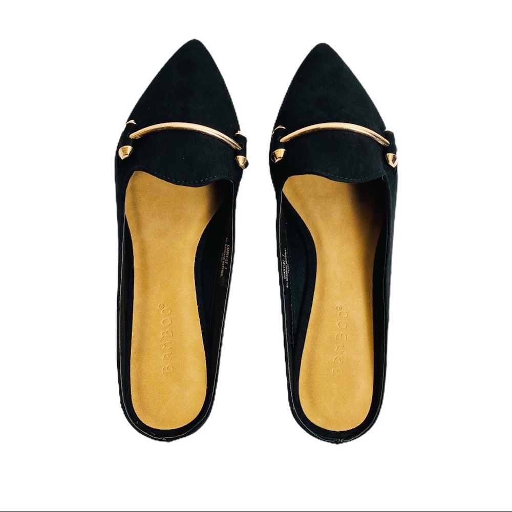 Bamboo Black Suede Pointed Toe Rose Gold Bit Mules - Picture 3 of 6